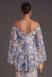 Blue Floral Off the Shoulder Mermaid Long Wedding Guest Dress with Slit