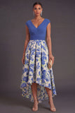 Blue Daffodil Floral A Line High Low V Neck Wedding Guest Dress