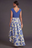 Blue Daffodil Floral A Line High Low V Neck Wedding Guest Dress