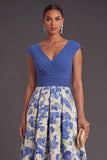 Blue Daffodil Floral A Line High Low V Neck Wedding Guest Dress