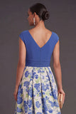 Blue Daffodil Floral A Line High Low V Neck Wedding Guest Dress