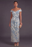 Sheath Blue Floral Off the Shoulder Long Wedding Guest Dress with Belt