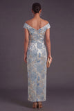 Sheath Blue Floral Off the Shoulder Long Wedding Guest Dress with Belt