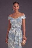 Sheath Blue Floral Off the Shoulder Long Wedding Guest Dress with Belt