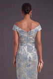 Sheath Blue Floral Off the Shoulder Long Wedding Guest Dress with Belt