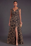 Floral Black A Line V Neck Ruched Long Formal Dress with Slit