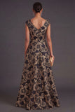 Floral Black A Line V Neck Ruched Long Formal Dress with Slit