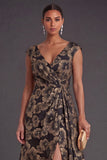 Floral Black A Line V Neck Ruched Long Formal Dress with Slit