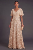 Champagne Floral A Line Ruched Long Formal Dress