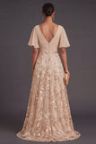 Champagne Floral A Line Ruched Long Formal Dress