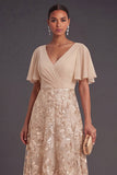 Champagne Floral A Line Ruched Long Formal Dress