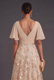 Champagne Floral A Line Ruched Long Formal Dress