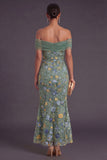 Green Floral Embroidered Mermaid Long Wedding Guest Dress