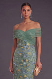 Green Floral Embroidered Mermaid Long Wedding Guest Dress
