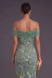 Green Floral Embroidered Mermaid Long Wedding Guest Dress