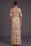 Champagne Embroidery Sheath Floral Long Formal Dress with Slit