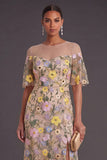 Champagne Embroidery Sheath Floral Long Formal Dress with Slit