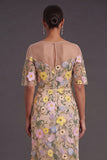 Champagne Embroidery Sheath Floral Long Formal Dress with Slit