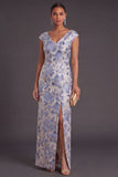 White Blue Floral Sheath Jacquard V-Neck Long Formal Dress with Slit