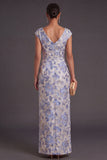 White Blue Floral Sheath Jacquard V-Neck Long Formal Dress with Slit