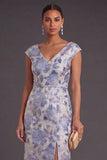 White Blue Floral Sheath Jacquard V-Neck Long Formal Dress with Slit