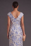 White Blue Floral Sheath Jacquard V-Neck Long Formal Dress with Slit