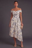 Dusty Blue Off the Shoulder Jacquard Floral Ruched Asymmetrical Formal Dress