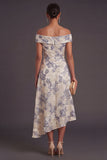 Dusty Blue Off the Shoulder Jacquard Floral Ruched Asymmetrical Formal Dress