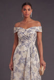 Dusty Blue Off the Shoulder Jacquard Floral Ruched Asymmetrical Formal Dress
