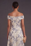 Dusty Blue Off the Shoulder Jacquard Floral Ruched Asymmetrical Formal Dress