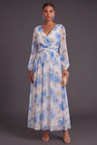White Blue Floral A Line Floral Print Long Formal Dress with Sleeves