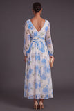 White Blue Floral A Line Floral Print Long Formal Dress with Sleeves