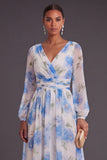 White Blue Floral A Line Floral Print Long Formal Dress with Sleeves