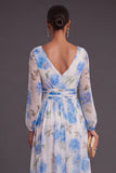 White Blue Floral A Line Floral Print Long Formal Dress with Sleeves