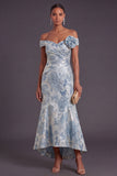 Blue Jacquard Floral Off the Shoulder Mermaid Long Formal Dress