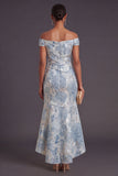 Blue Jacquard Floral Off the Shoulder Mermaid Long Formal Dress