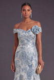 Blue Jacquard Floral Off the Shoulder Mermaid Long Formal Dress