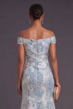 Blue Jacquard Floral Off the Shoulder Mermaid Long Formal Dress