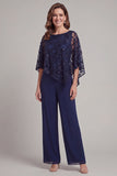 Navy Round Neck Sparkly Sequined Long Mother of the Bride Jumpsuits