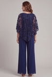 Navy Round Neck Sparkly Sequined Long Mother of the Bride Jumpsuits