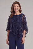 Navy Round Neck Sparkly Sequined Long Mother of the Bride Jumpsuits