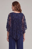 Navy Round Neck Sparkly Sequined Long Mother of the Bride Jumpsuits