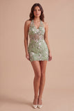 Sage Green Floral Corset Bodycon Halter Short Cocktail Dress