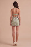 Sage Green Floral Corset Bodycon Halter Short Cocktail Dress