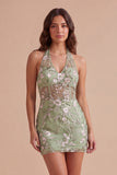Sage Green Floral Corset Bodycon Halter Short Cocktail Dress