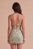 Sage Green Floral Corset Bodycon Halter Short Cocktail Dress