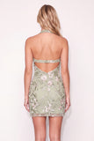 Sage Green Floral Corset Bodycon Halter Short Cocktail Dress