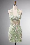 Sage Green Floral Corset Bodycon Halter Short Cocktail Dress