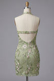 Sage Green Floral Corset Bodycon Halter Short Cocktail Dress