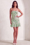 Sage Green Floral A Line Strapless Short Cocktail Dress